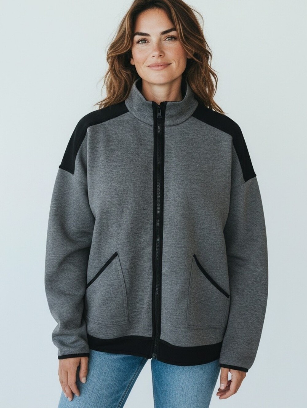 C9 Champion Women’s Medium Full Zip Track Jacket Gray Black Colorblock Athletic